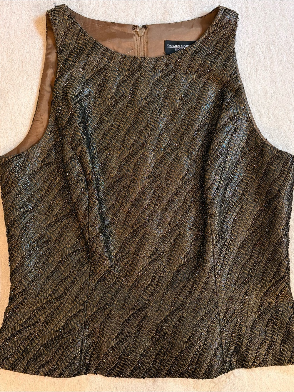 Carmen Marc Valvo Metallic Beaded Tank Top - Bronze Olive. Metallic Sz 10